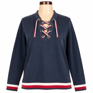 Tommy Hilfiger Terry Cloth Lace Up Medium Navy Long Sleeve Summer Pullover